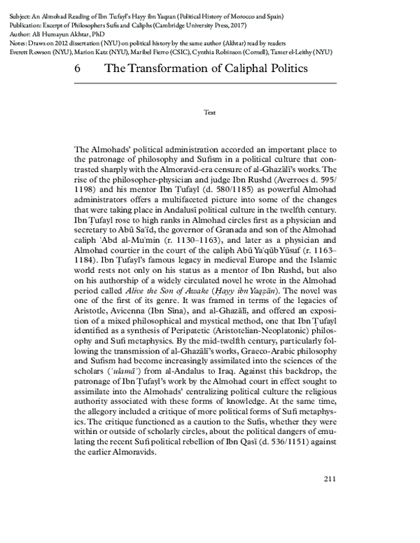 2017 - An Almohad Reading of Ibn Tufayl's Haqq ibn Yaqzan (Political History of Morocco and Spain)