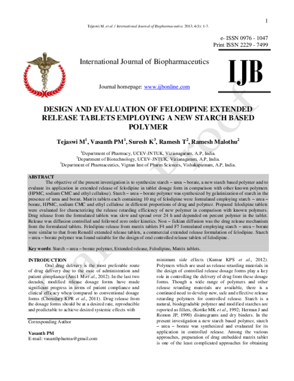 (PDF) DESIGN AND EVALUATION OF FELODIPINE EXTENDED RELEASE TABLETS ...