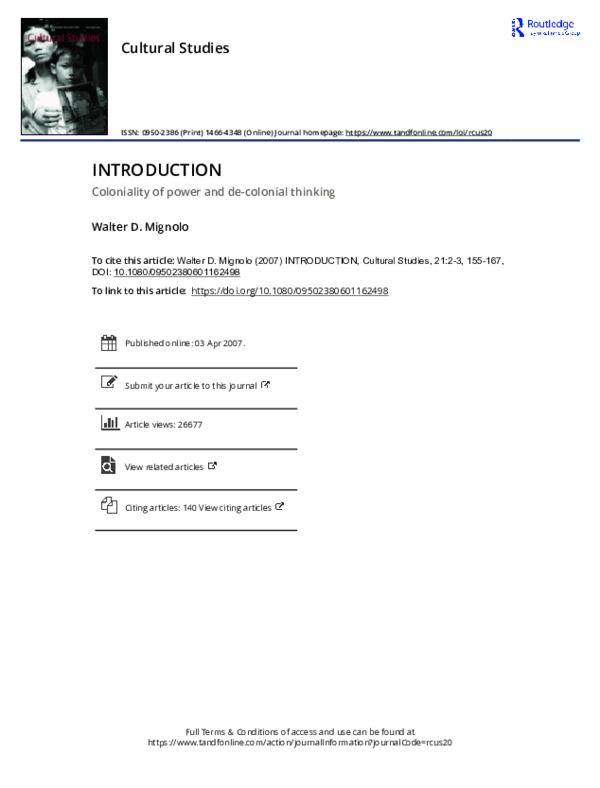 (PDF) Introduction: Coloniality of power and de-colonial thinking