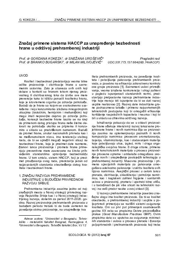 (PDF) Značaj primene sistema HACCP za unapređenje bezbednosti hrane u ...