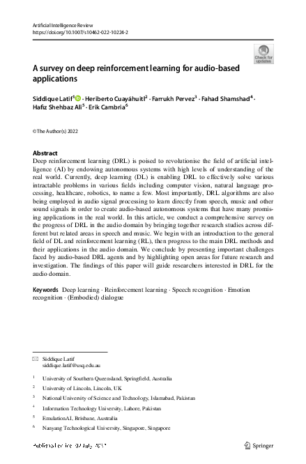 (PDF) A survey on deep reinforcement learning for audio-based applications