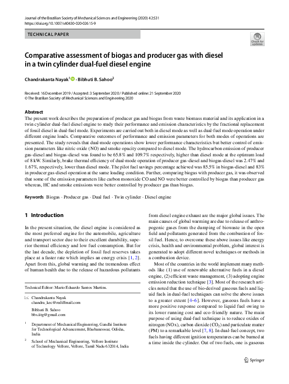 (PDF) Comparative assessment of biogas and producer gas with diesel in ...