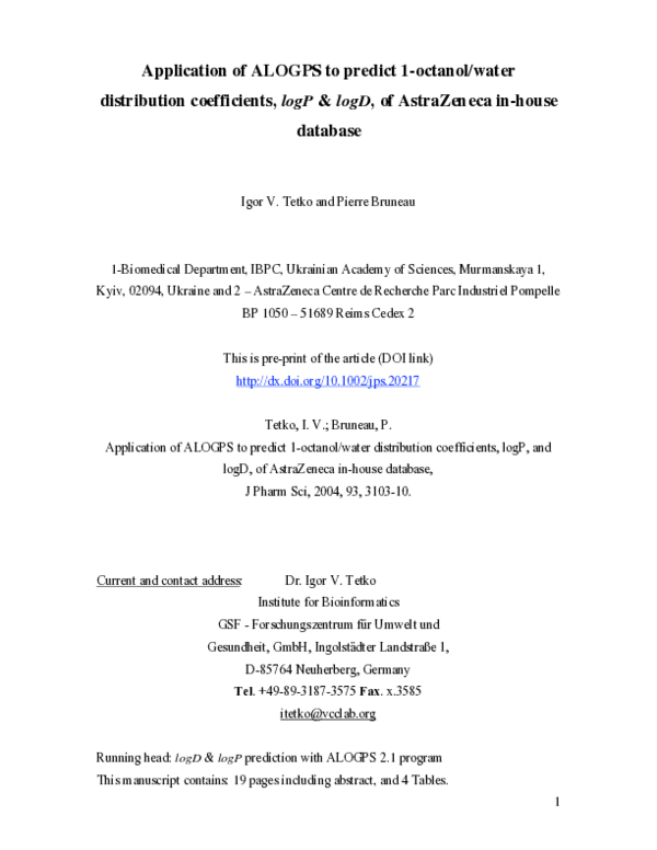 (PDF) Application of ALOGPS to predict 1‐octanol/water distribution ...