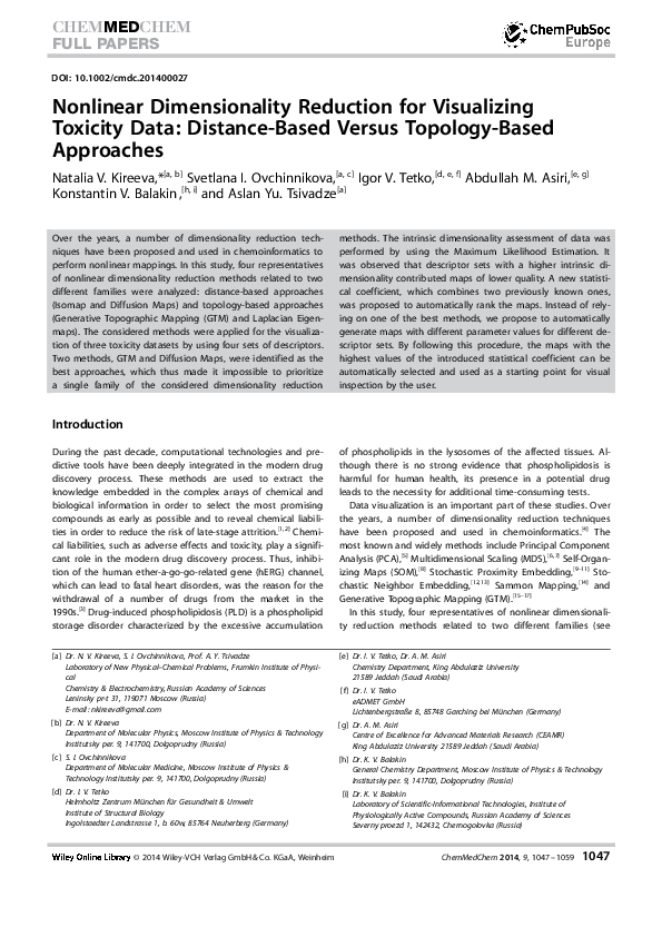 (PDF) Nonlinear Dimensionality Reduction for Visualizing Toxicity Data ...