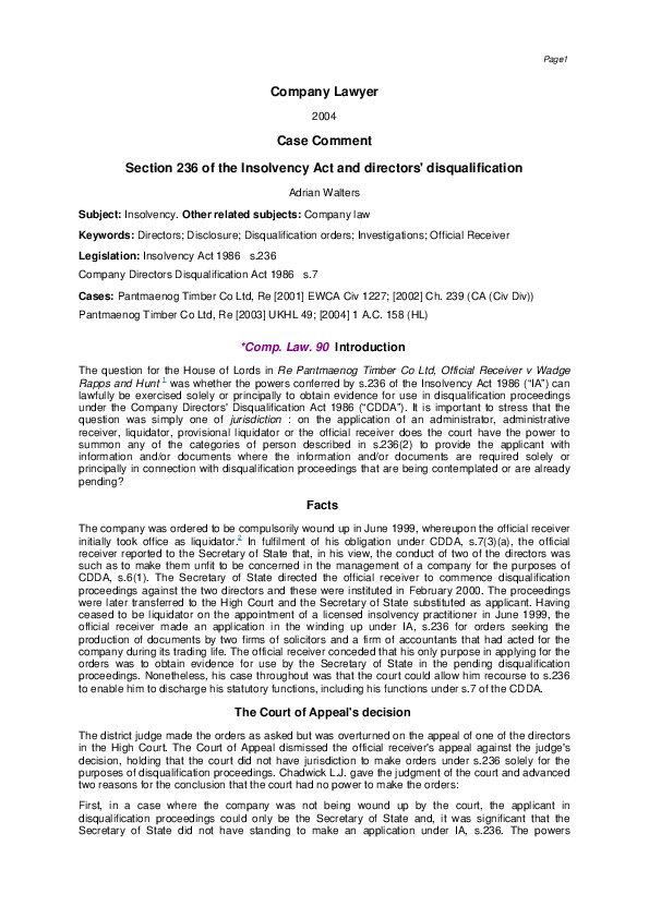 (PDF) Section 236 of the Insolvency Act and Directors' Disqualification