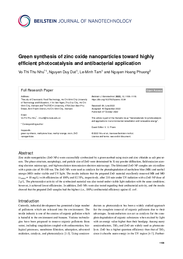 (PDF) Green synthesis of zinc oxide nanoparticles toward highly ...