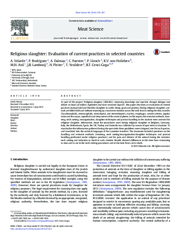 (PDF) Religious slaughter: Evaluation of current practices in selected ...