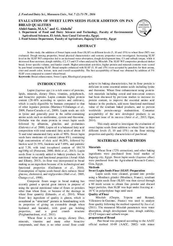 (PDF) Evaluation of Sweet Lupin Seeds Flour Addition on Pan Bread Qualities