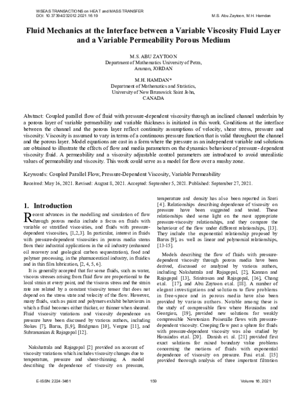 (PDF) Fluid Mechanics at the Interface between a Variable Viscosity ...