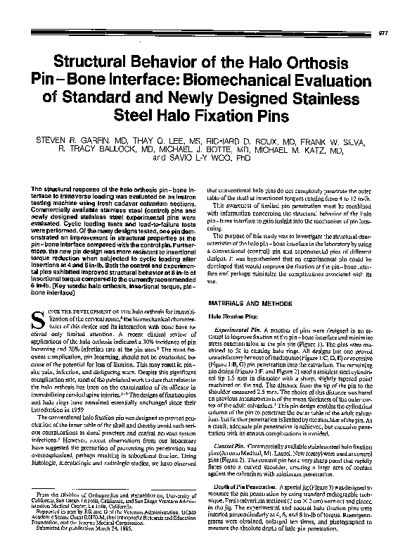 (PDF) Structural Behavior of the Halo Orthosis Pin - Bone Interface ...