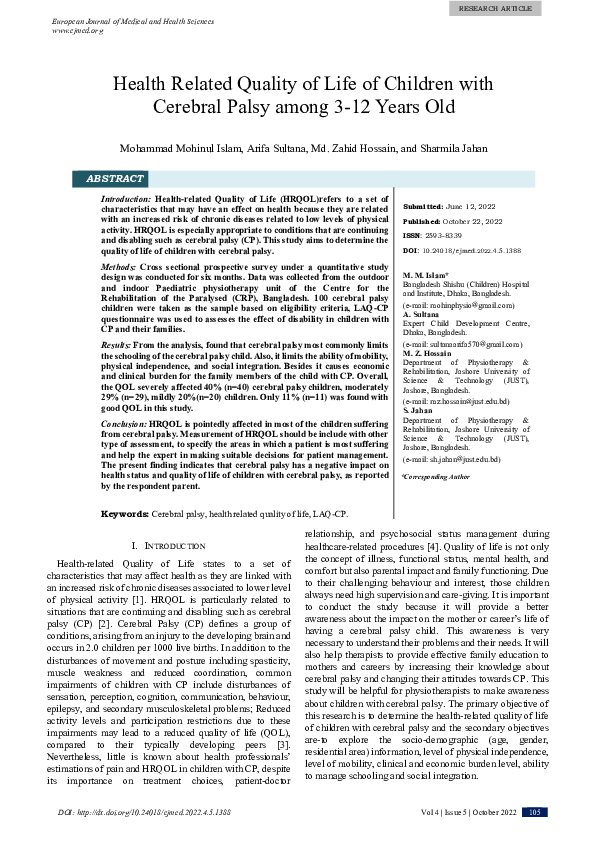 (PDF) Health Related Quality of Life of Children with Cerebral Palsy ...