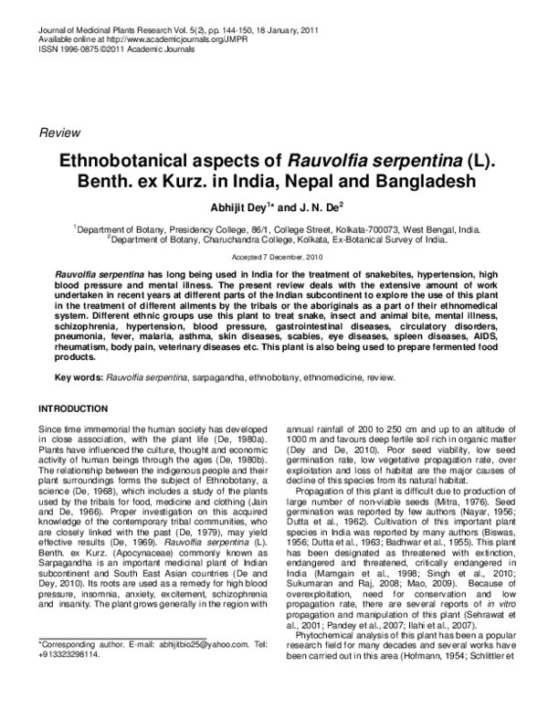 (PDF) Ethnobotanical aspects of Rauvolfia serpentina (L). Benth. ex ...
