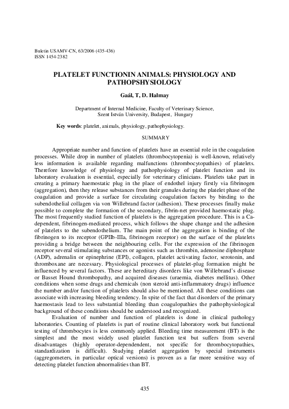 (PDF) Platelet Functionin Animals: Physiology and Pathopshysiology