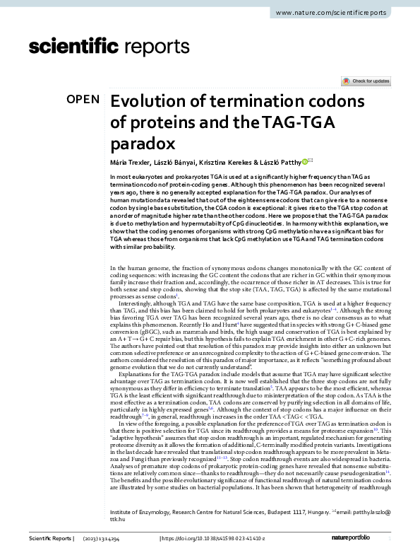(PDF) Evolution of termination codons of proteins and the TAG-TGA paradox