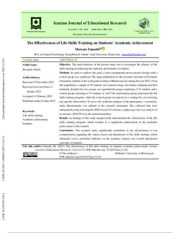 (PDF) The Effectiveness of Life Skills Training on Students' Academic ...