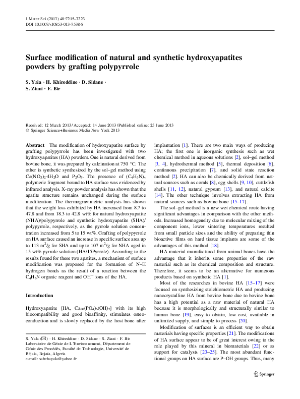 (PDF) Surface modification of natural and synthetic hydroxyapatites ...