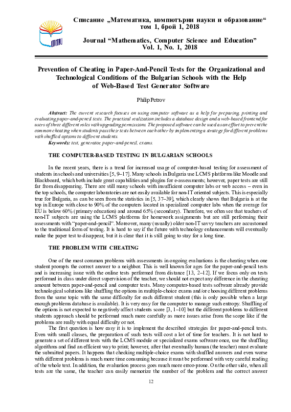 (PDF) Prevention of Cheating in Paper-And-Pencil Tests for the ...