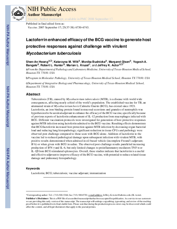 (PDF) Lactoferrin enhanced efficacy of the BCG vaccine to generate host ...