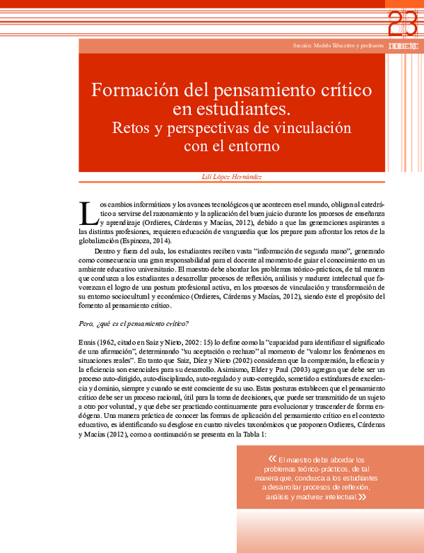 (PDF) Formación del pensamiento crítico en estudiantes. Retos y ...