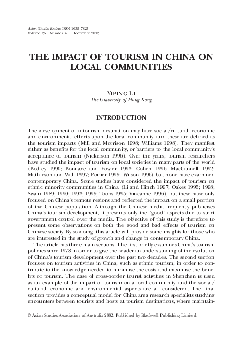 (PDF) The impact of tourism in China on local communities