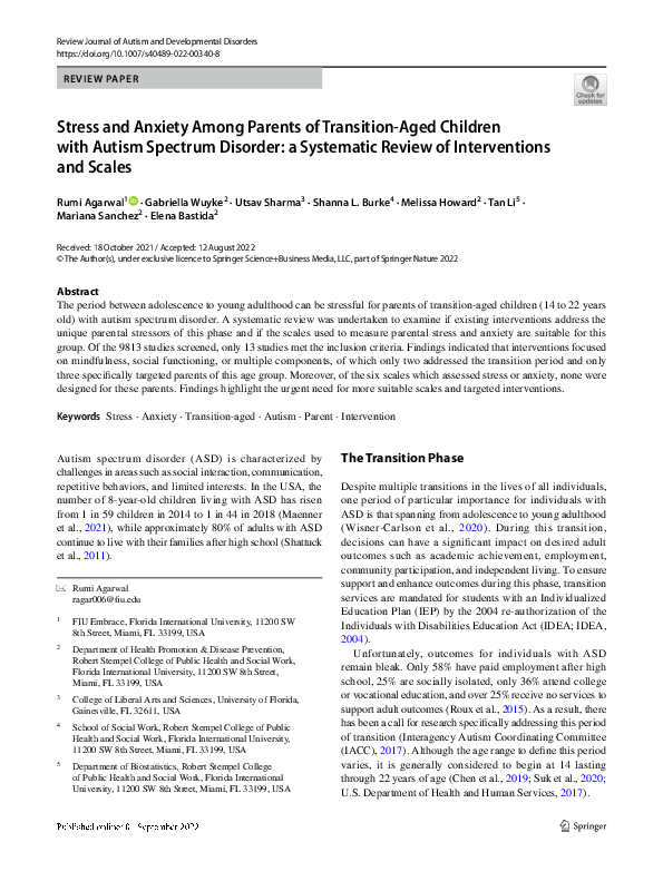 (PDF) Stress and Anxiety Among Parents of Transition-Aged Children with ...