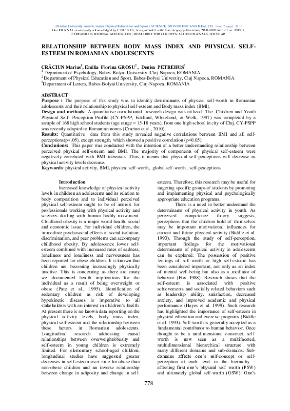 (PDF) Relationship Between Body Mass Index and Physical Self- Esteem in ...