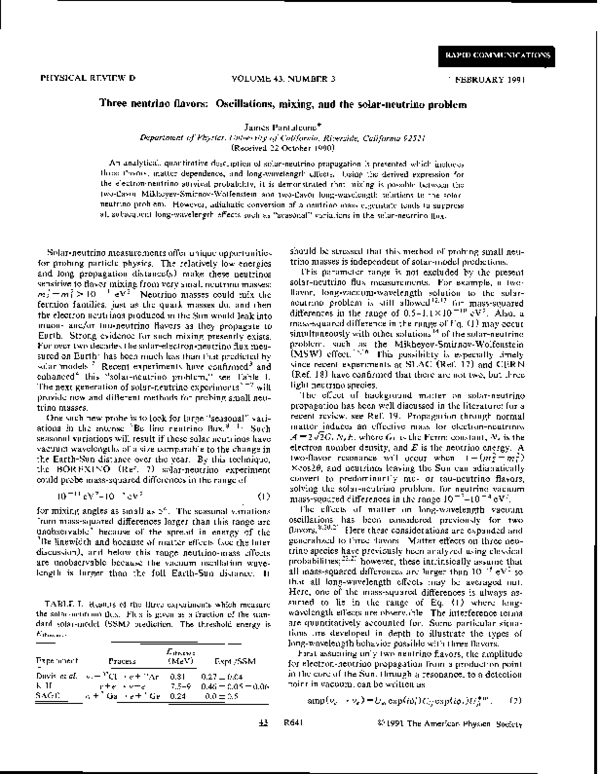 (PDF) Three neutrino flavors: Oscillations, mixing, and the solar ...