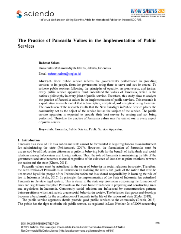 (PDF) The Practice of Pancasila Values in the Implementation of Public ...