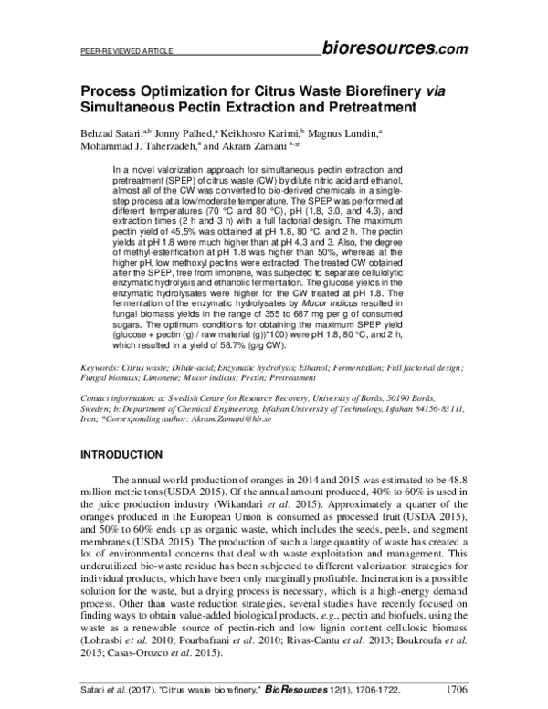(PDF) Process Optimization for Citrus Waste Biorefinery via ...