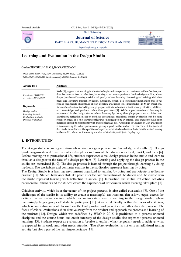(PDF) Learning and Evaluation in the Design Studio