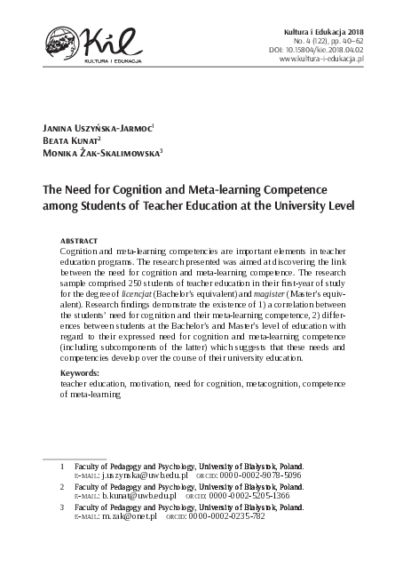 The Need for Cognition and Meta-learning Competence among Students of Teacher Education at the University Level
