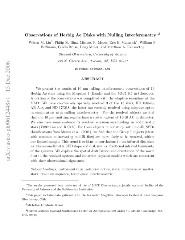 (PDF) Observations of Herbig Ae Disks with Nulling Interferometry