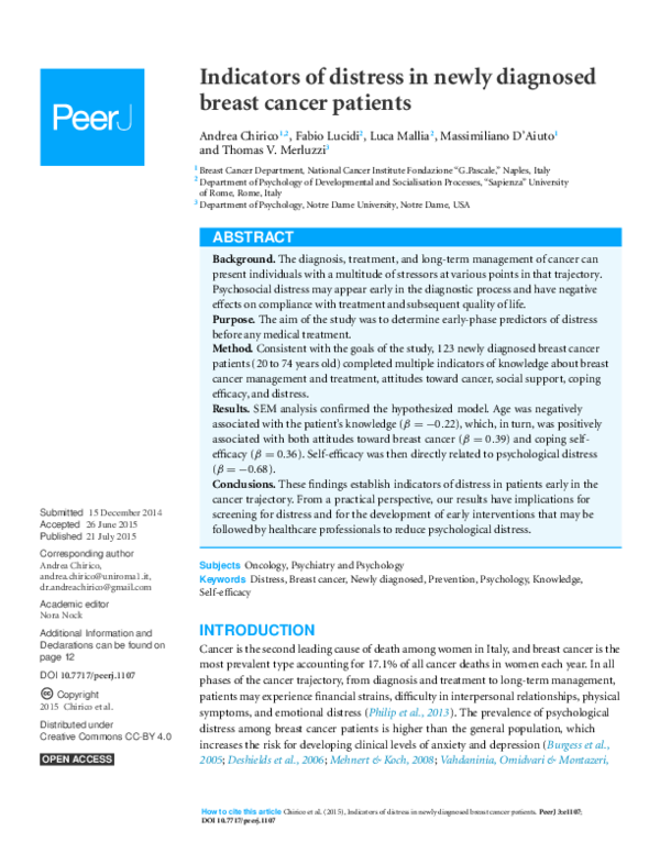 (PDF) Indicators of distress in newly diagnosed breast cancer patients