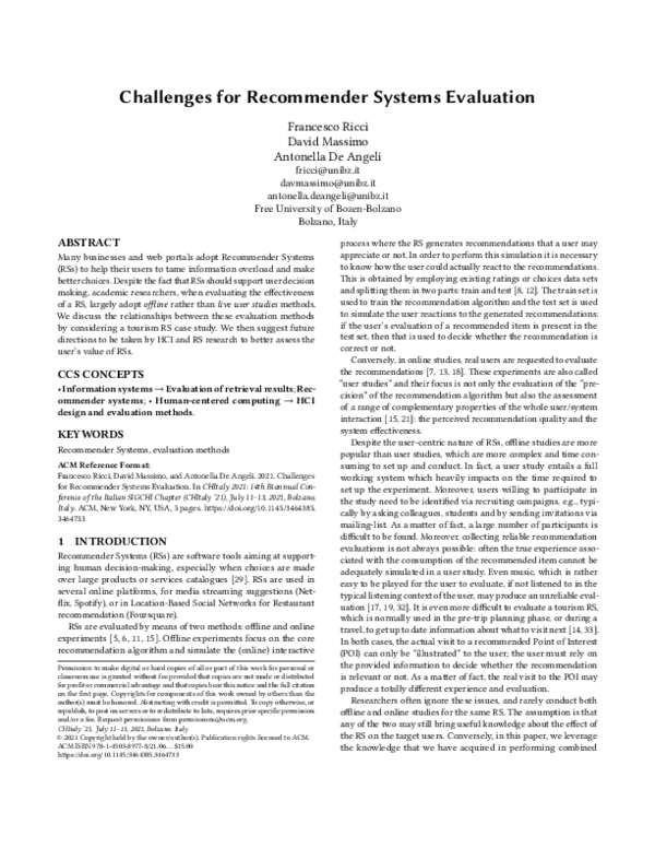 (PDF) Challenges for Recommender Systems Evaluation