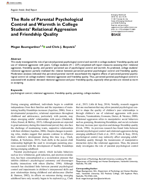 (PDF) The Role of Parental Psychological Control and Warmth in College ...