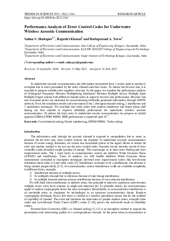 (PDF) Performance Analysis of Error Control Codes for Underwater ...