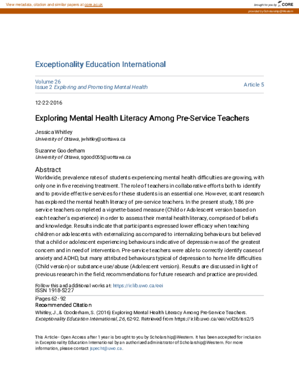 (PDF) Exploring Mental Health Literacy Among Pre-Service Teachers