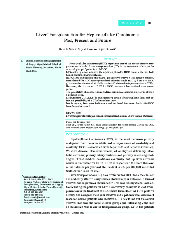(PDF) Liver transplantation for hepatocellular carcinoma: past, present ...