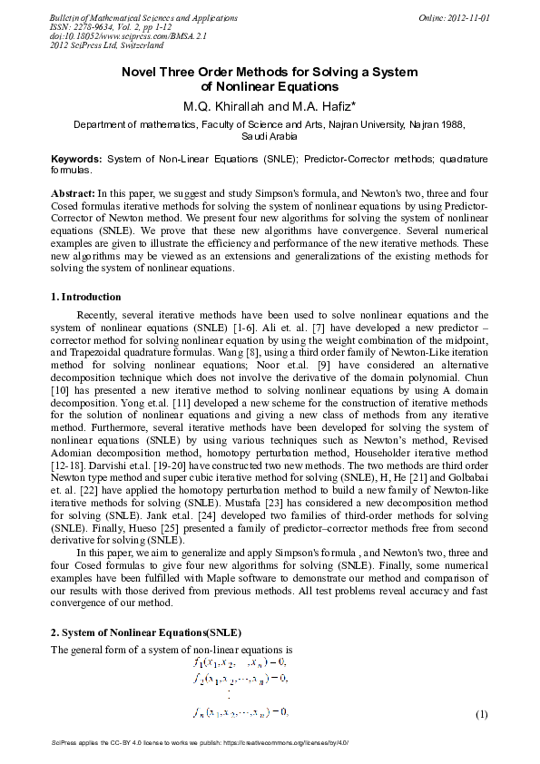 (PDF) Novel Three Order Methods for Solving a System of Nonlinear Equations