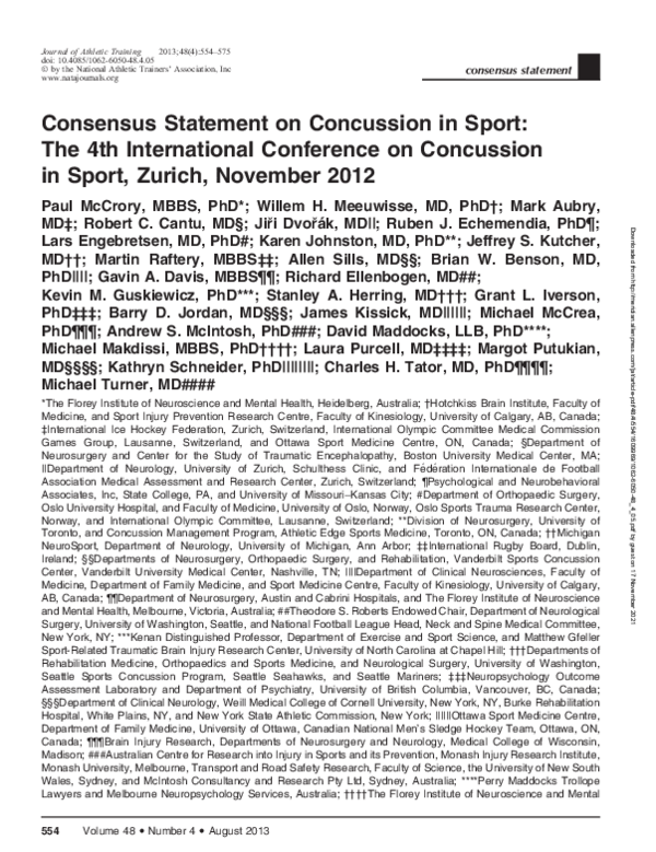 (PDF) Consensus Statement on Concussion in Sport: The 4th International ...