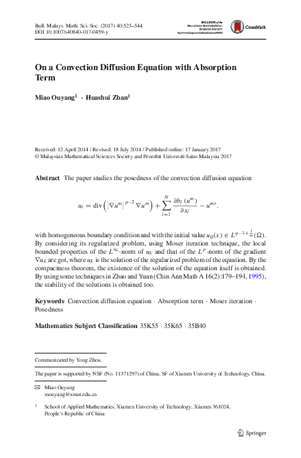 (PDF) On a Convection Diffusion Equation with Absorption Term