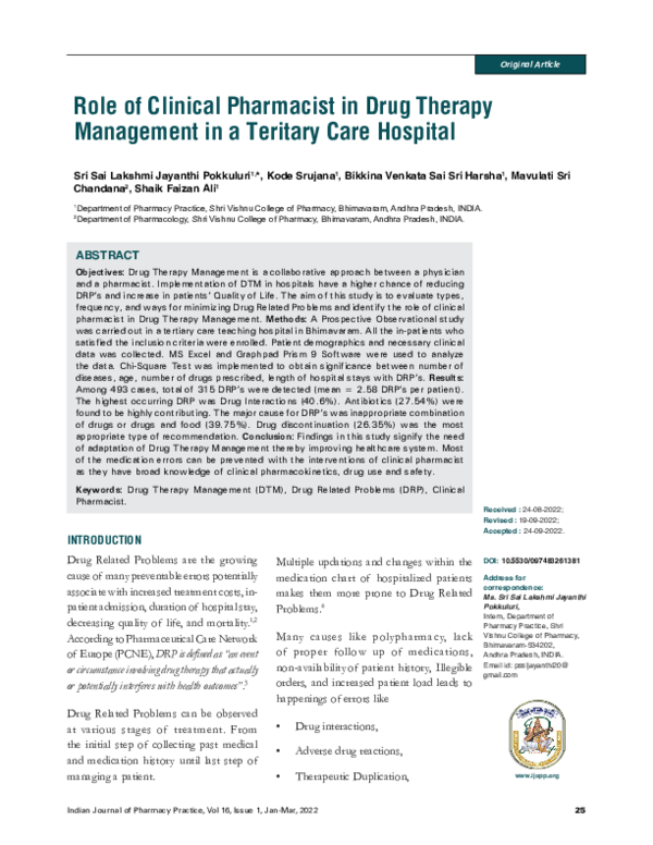 (PDF) Role of Clinical Pharmacist in Drug Therapy Management in a ...