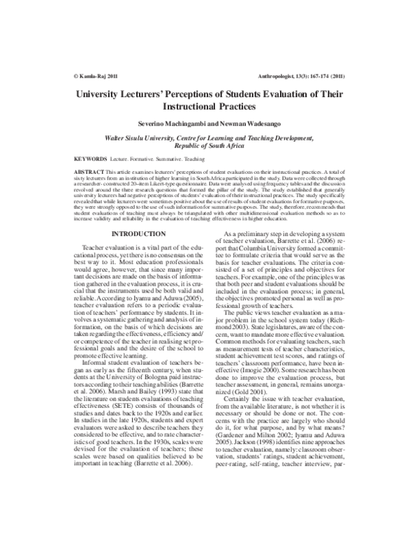 (PDF) University Lecturers’ Perceptions of Students Evaluation of Their ...