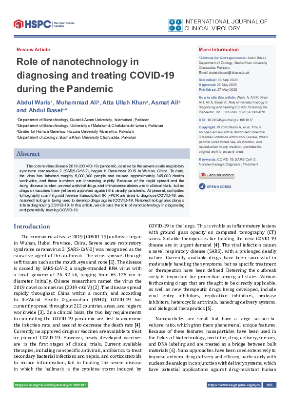 (PDF) Role of nanotechnology in diagnosing and treating COVID-19 during ...