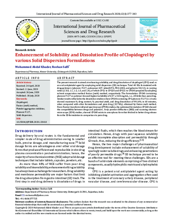 (PDF) Enhancement of Solubility And Dissolution Profile of Clopidogrel ...