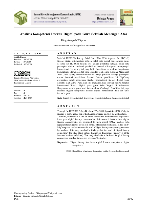 Pdf Analisis Kompetensi Literasi Digital Pada Guru Sekolah Menengah Atas