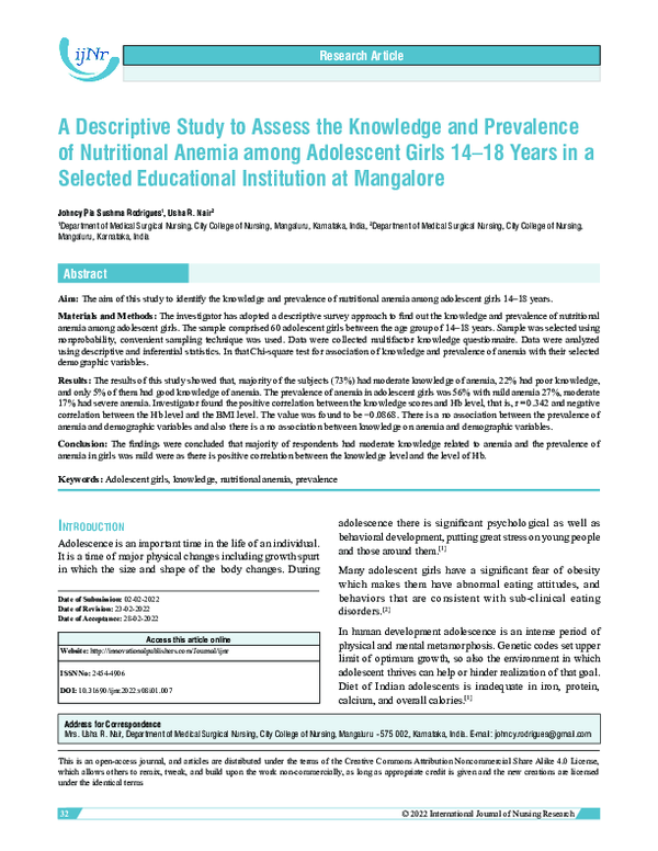 (PDF) A Descriptive Study to Assess the Knowledge and Prevalence of ...