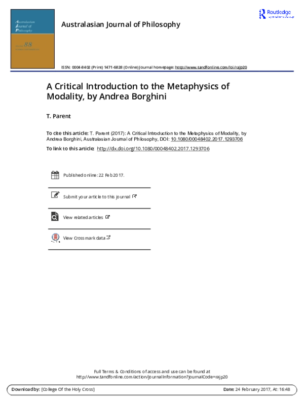 (PDF) A Critical Introduction to the Metaphysics of Modality