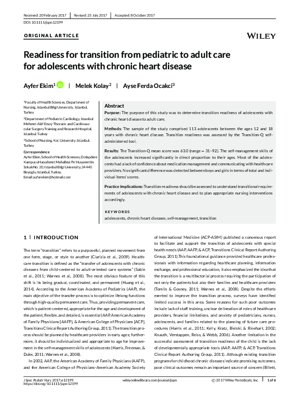 (PDF) Readiness for transition from pediatric to adult care for ...