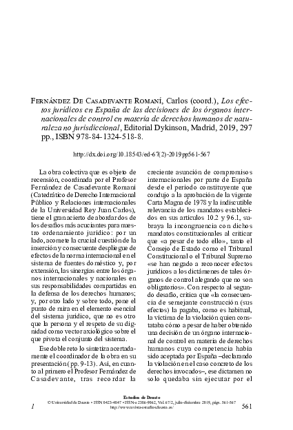 Fernández De Casadevante Romaní, Carlos (coord.), Los efectos jurídicos en España de las decisiones de los órganos internacionales de control en materia de derechos humanos de naturaleza no jurisdiccional, Editorial Dykinson, Madrid, 2019, 297 pp., ISBN 9